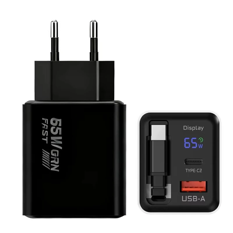 [GaN Tech] XY-1065 65W 2-Port USB PD Digital Display Charger with Type-C Retractable Cable PD Fast Charging Wall Charger Adapter EU Plug for iPhone 17 17 Pro 16 Pro Max 15 14 for Xiaomi 17pro for Samsung Galaxy S25 Ultra for Huawei Mate XTs — GaN