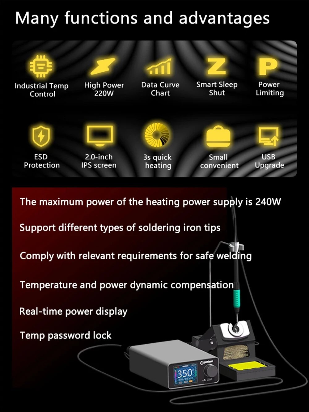 GEEBOON TC22 240W Digital Soldering Station Professional Soldering Iron Kit Supporting C245/C210/C115/T12 Handles for Electronics Repair — view 2
