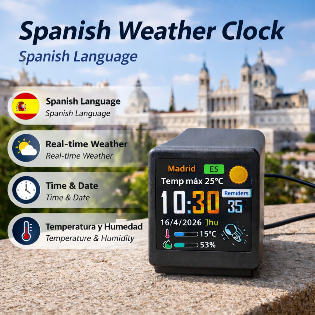 GeekMagic Spanish Language Wifi Weather Album Simple Digital Clock with Full Color LCD Screen 3-Day Weather Forecast Temperature Display Digital Photo Album USB-C — view 2