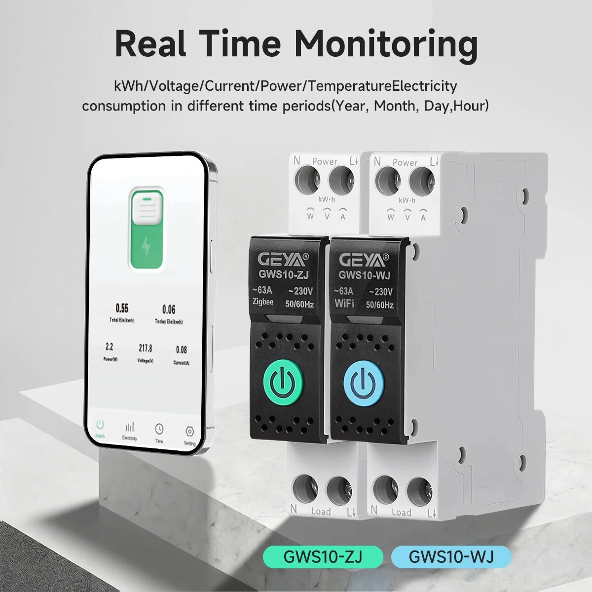 GEYA WiFi/ZigBee Tuya Smart Circuit Breaker MCB With Metering 63A DIN Rail Energy Monitoring APP & Voice Remote Control with Alexa Google Assistant Over Under Voltage Protection — view 6