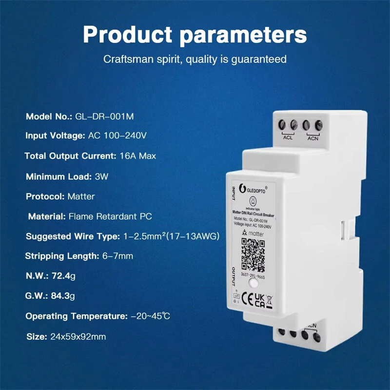 GLEDOPTO GL-DR-001M Matter Din Rail Relay Switch ON OFF Function WiFi App Voice Control 16A Max Housekeeping Appliance — view 4