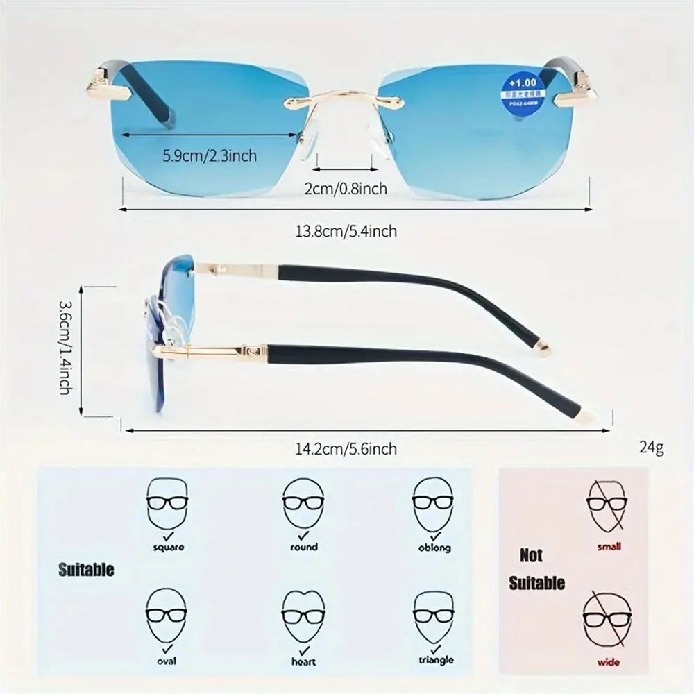 Gradual Blue Lens Frameless Reading Glasses Anti-blue Light UV Protection Comfortable Business Casual Sunglasses with Case — view 2