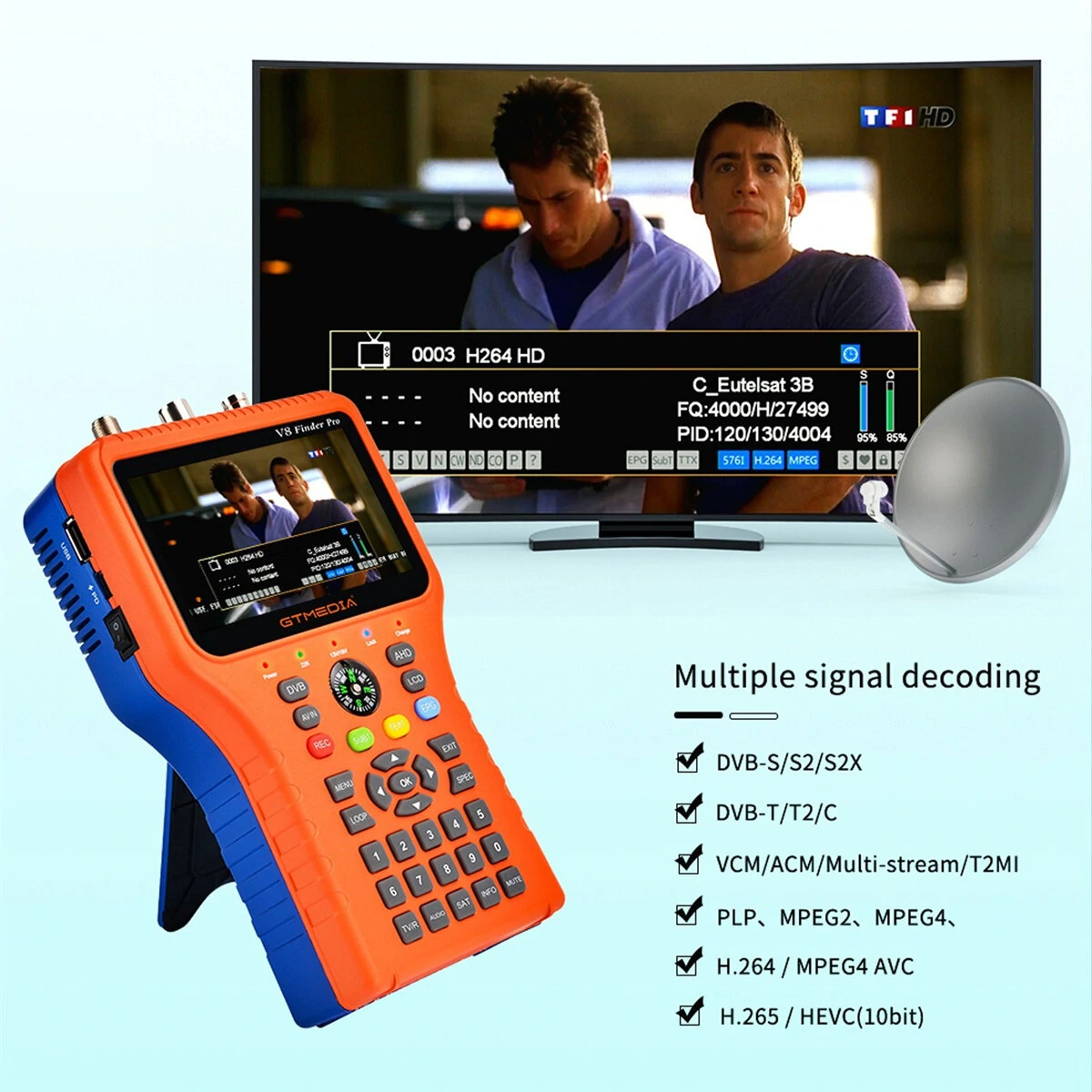 GTMEDIA V8 Finder Pro2 TV Signal Finder Meter DVB-S/S2/S2X/T/T2/C Signal Receiver 4.3-inch LCD Dispaly H.265 Auto Calculate Angle 4000mAh Battery — view 5