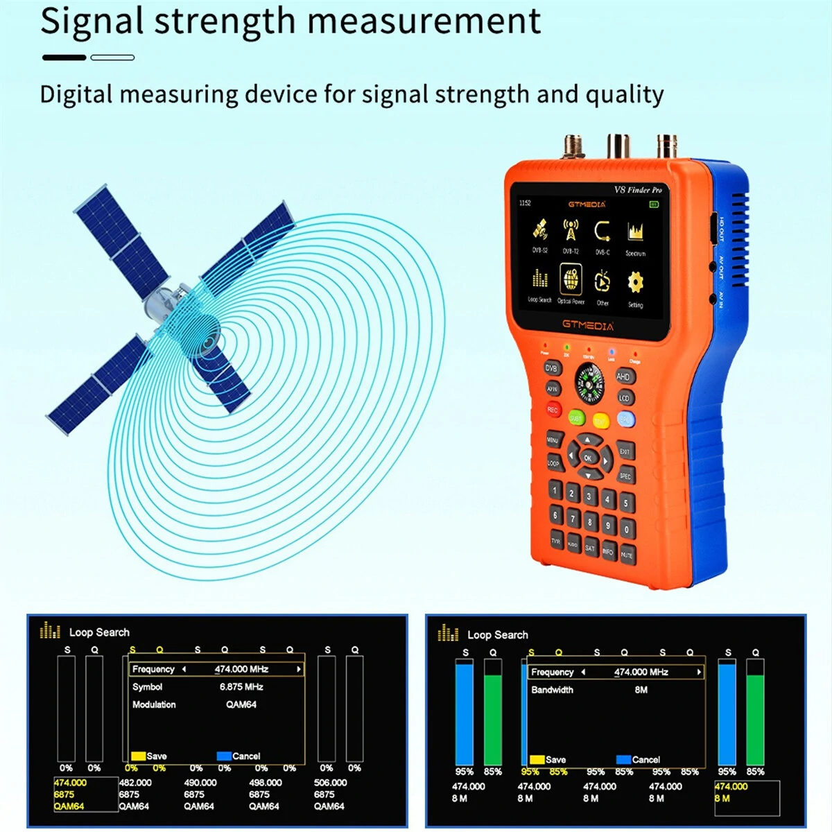 GTMEDIA V8 Finder Pro2 TV Signal Finder Meter DVB-S/S2/S2X/T/T2/C Signal Receiver 4.3-inch LCD Dispaly H.265 Auto Calculate Angle 4000mAh Battery — view 9