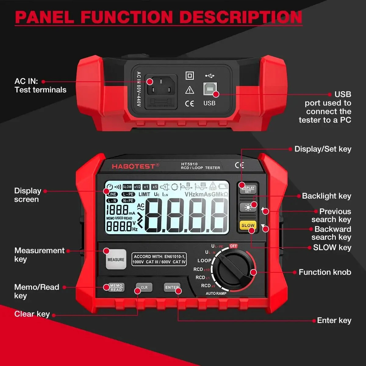 HABOTEST HT5910 Leakage Switch Tester 1000 Data Storage LCD Digital Resistance Meter RCD Loop Tester 440V AC Voltage Testing Megohmmeter — view 10
