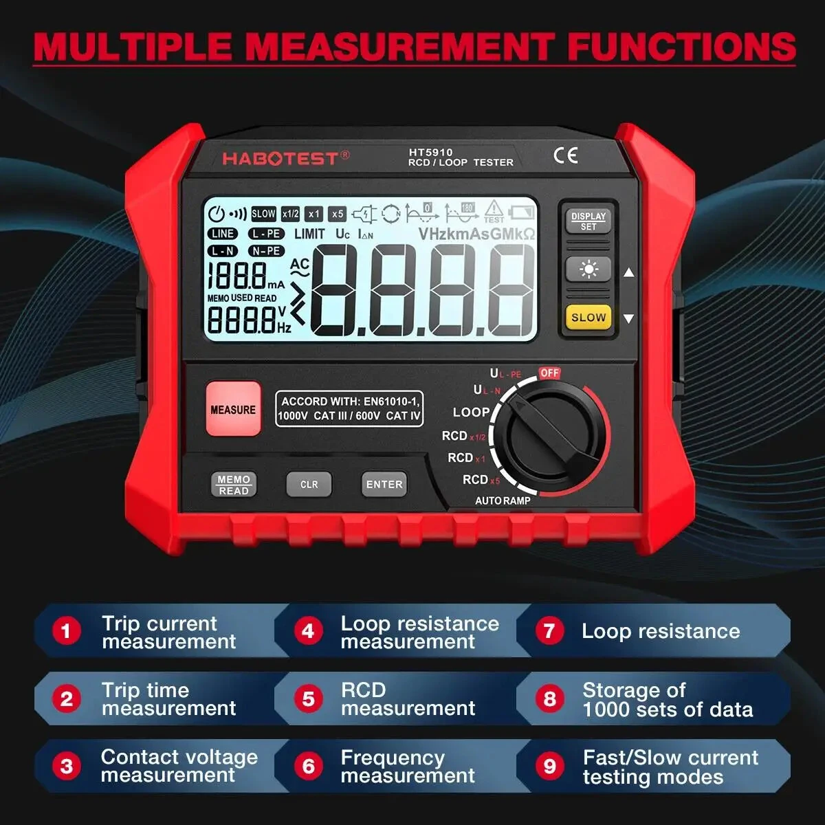 HABOTEST HT5910 Leakage Switch Tester 1000 Data Storage LCD Digital Resistance Meter RCD Loop Tester 440V AC Voltage Testing Megohmmeter — view 2