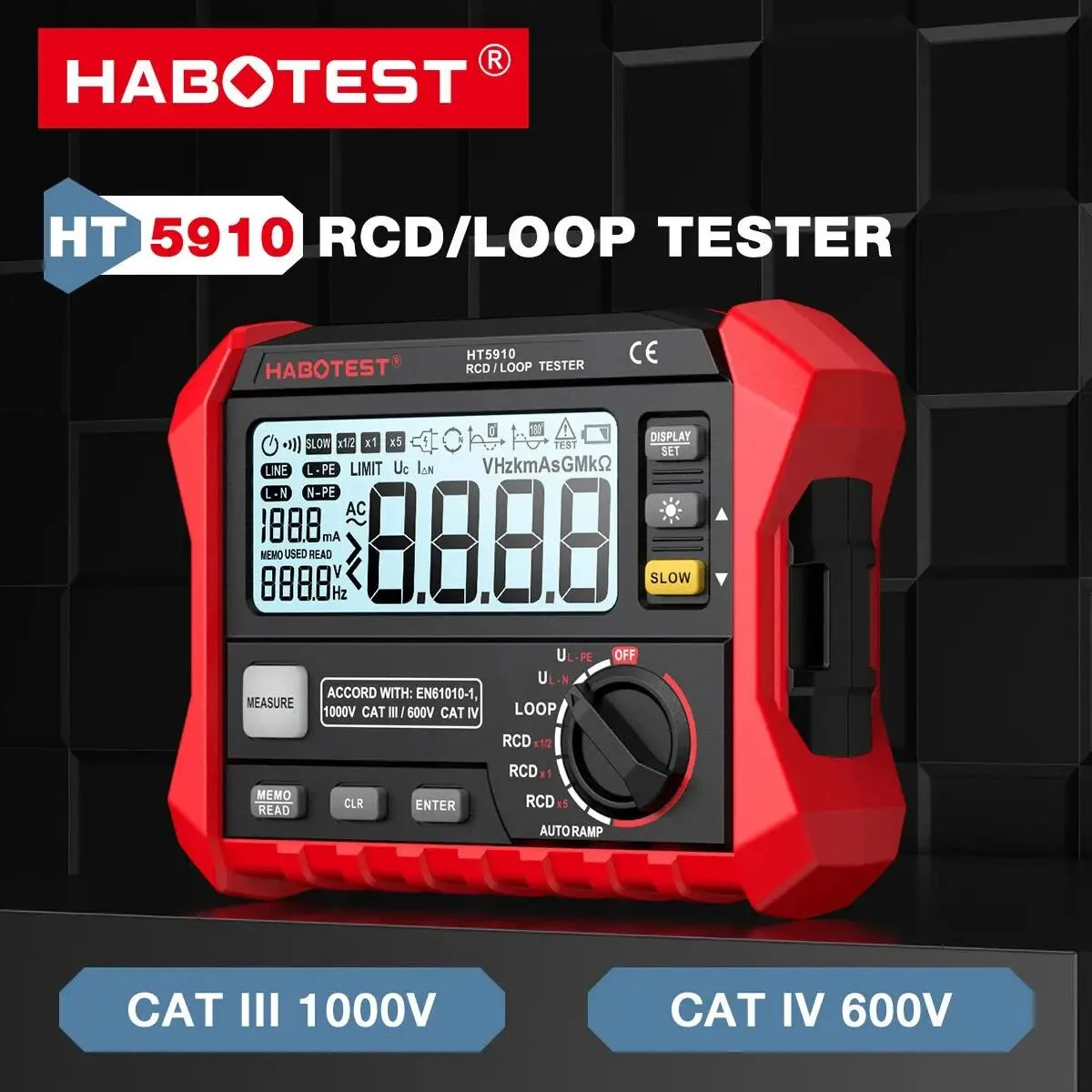 HABOTEST HT5910 Leakage Switch Tester 1000 Data Storage LCD Digital Resistance Meter RCD Loop Tester 440V AC Voltage Testing Megohmmeter — view 3