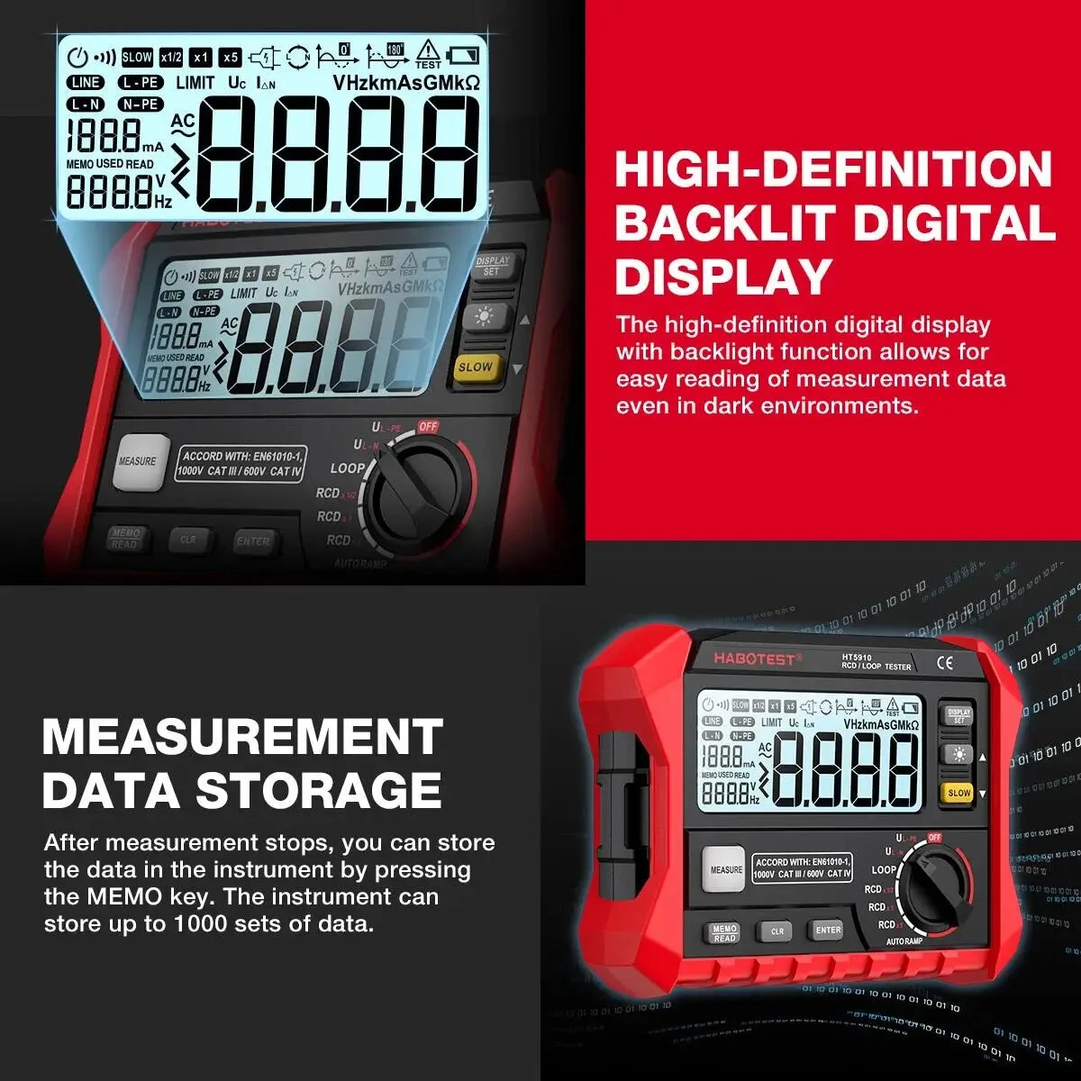 HABOTEST HT5910 Leakage Switch Tester 1000 Data Storage LCD Digital Resistance Meter RCD Loop Tester 440V AC Voltage Testing Megohmmeter — view 4