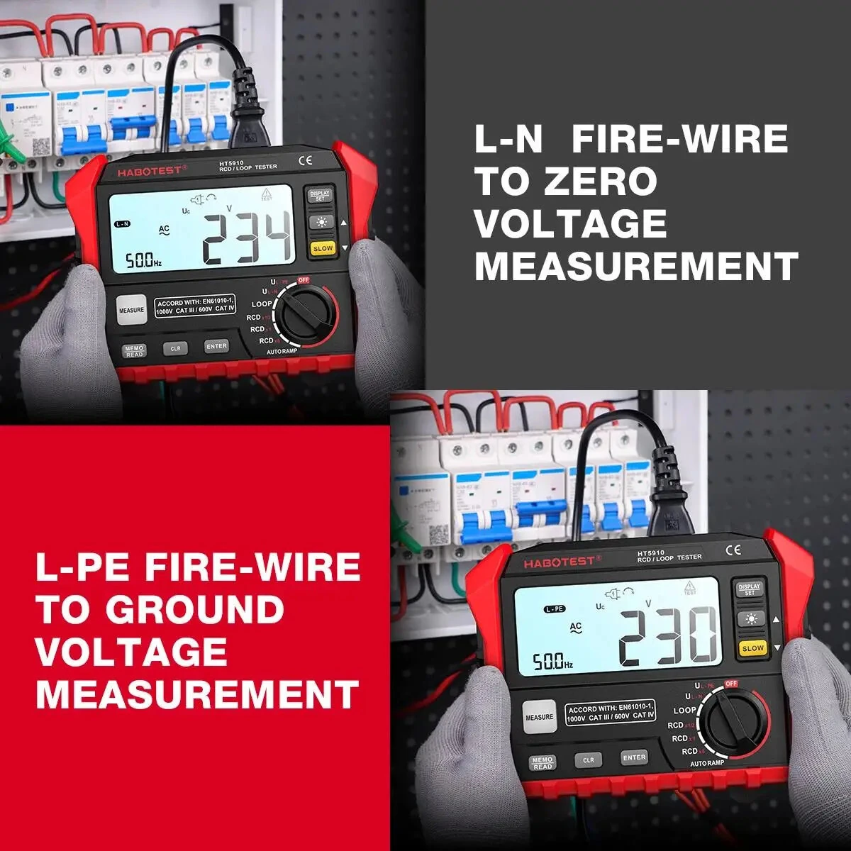 HABOTEST HT5910 Leakage Switch Tester 1000 Data Storage LCD Digital Resistance Meter RCD Loop Tester 440V AC Voltage Testing Megohmmeter — view 5
