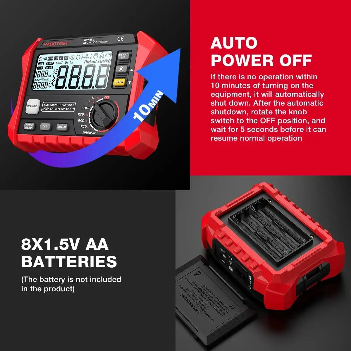 HABOTEST HT5910 Leakage Switch Tester 1000 Data Storage LCD Digital Resistance Meter RCD Loop Tester 440V AC Voltage Testing Megohmmeter — view 6