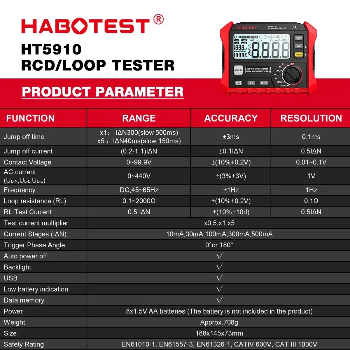 HABOTEST HT5910 Leakage Switch Tester 1000 Data Storage LCD Digital Resistance Meter RCD Loop Tester 440V AC Voltage Testing Megohmmeter — view 8