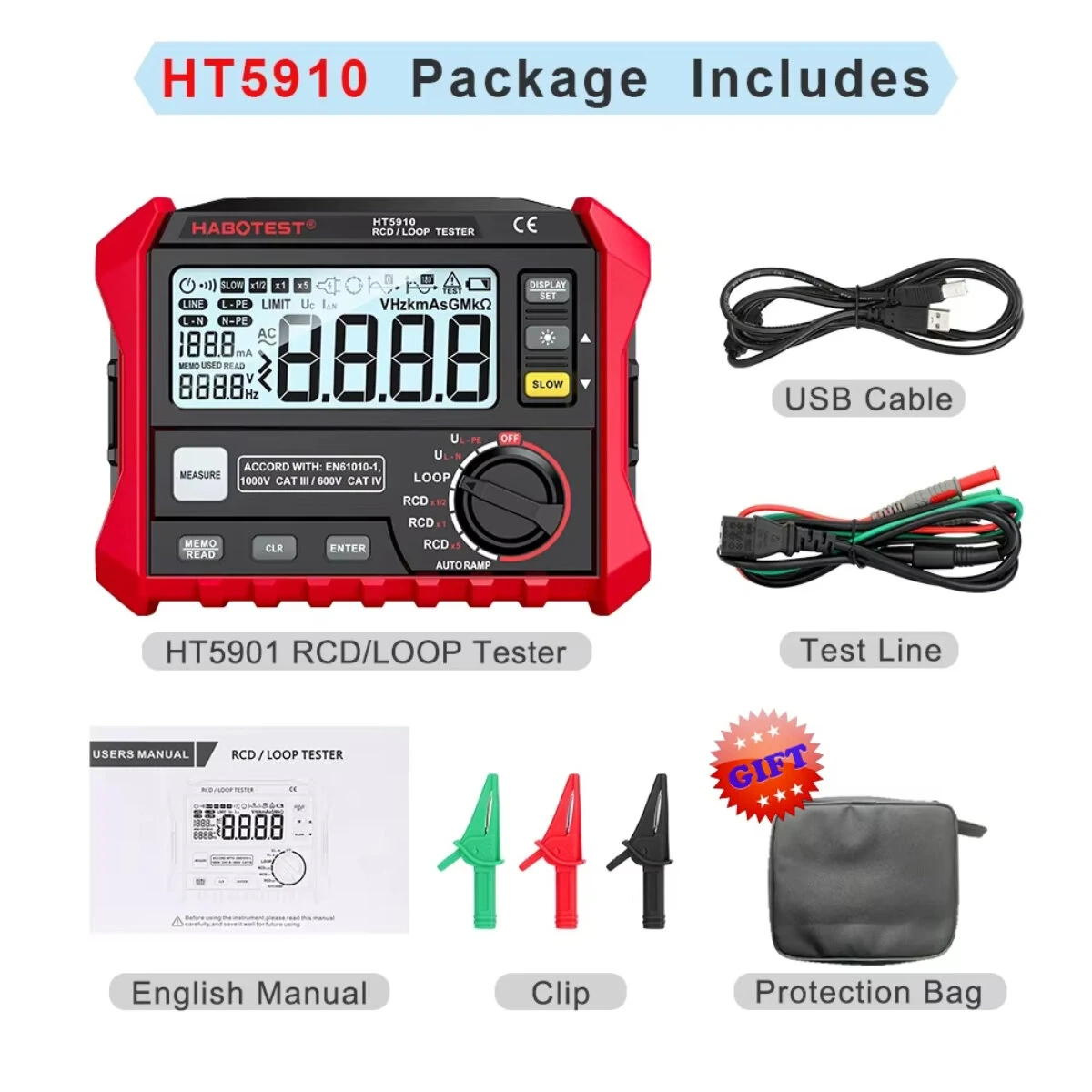 HABOTEST HT5910 Leakage Switch Tester 1000 Data Storage LCD Digital Resistance Meter RCD Loop Tester 440V AC Voltage Testing Megohmmeter — view 9