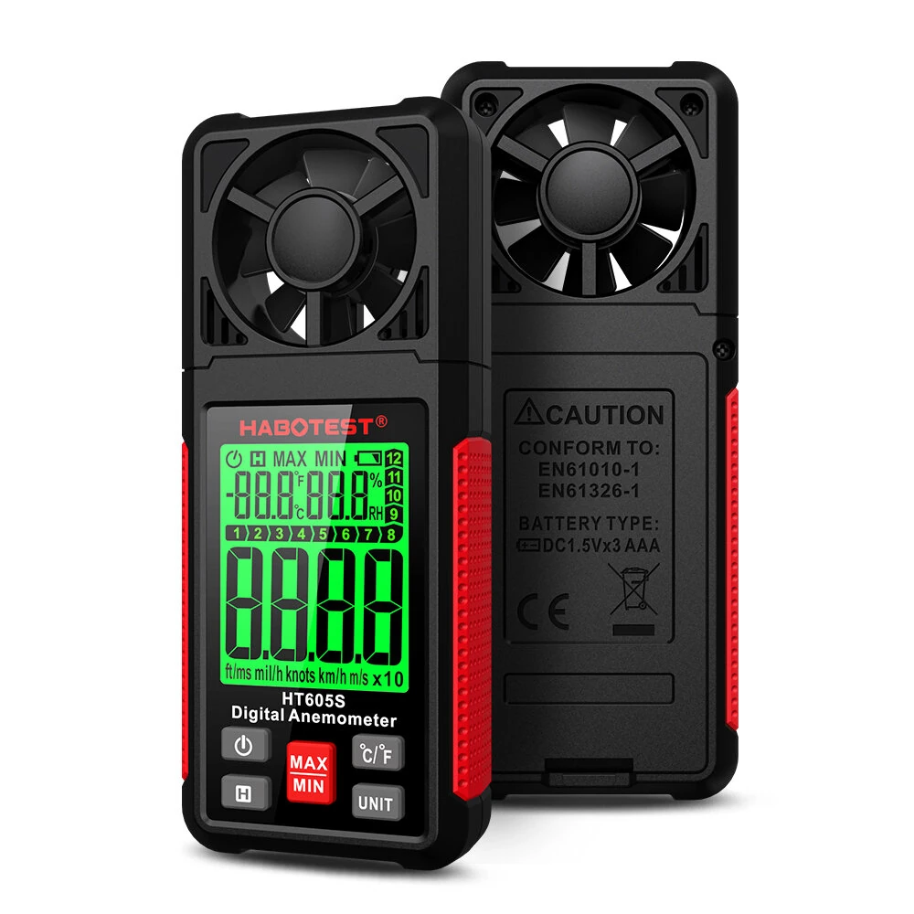 HABOTEST HT605 HT605S Digital Anemometer Wind Speed Temperature Humidity Meter Backlight Data Hold MAX/MIN