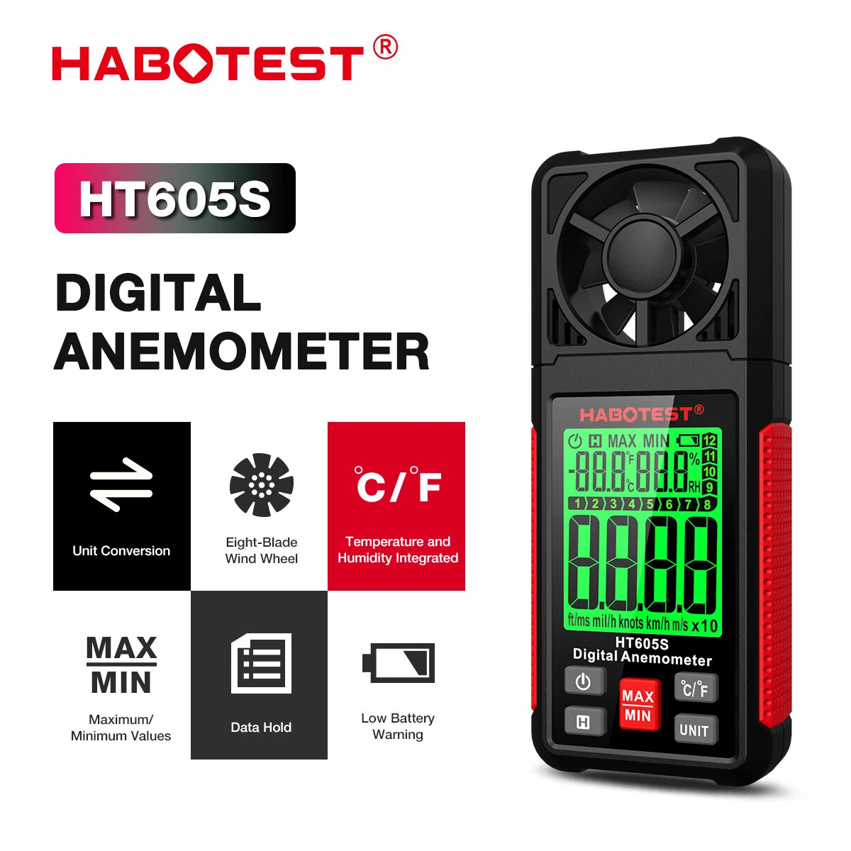 HABOTEST HT605 HT605S Digital Anemometer Wind Speed Temperature Humidity Meter Backlight Data Hold MAX/MIN — view 2