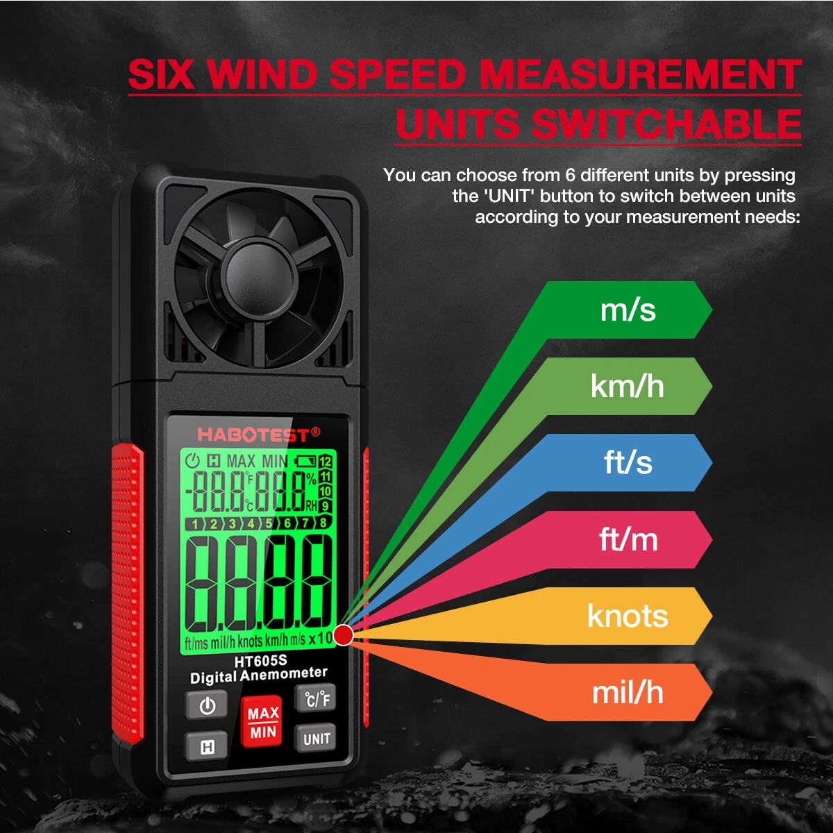 HABOTEST HT605 HT605S Digital Anemometer Wind Speed Temperature Humidity Meter Backlight Data Hold MAX/MIN — view 3