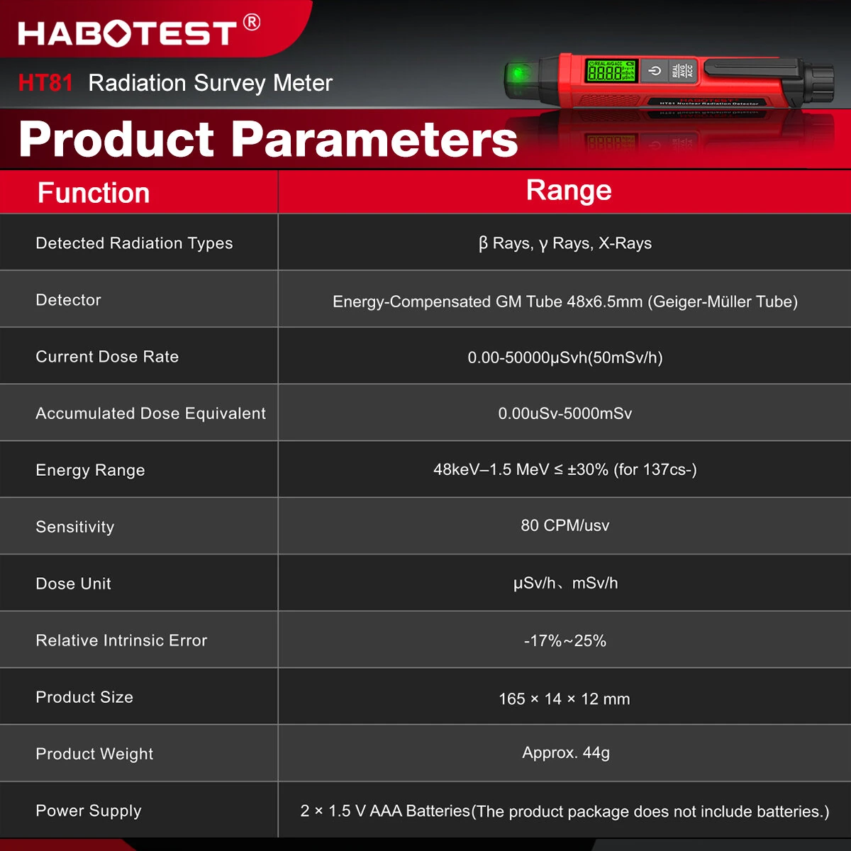HABOTEST HT81 Radiation Survey Meter GM Counter For Beta Gamma And X-Rays 0.00-50000uSv/h Portable — view 9