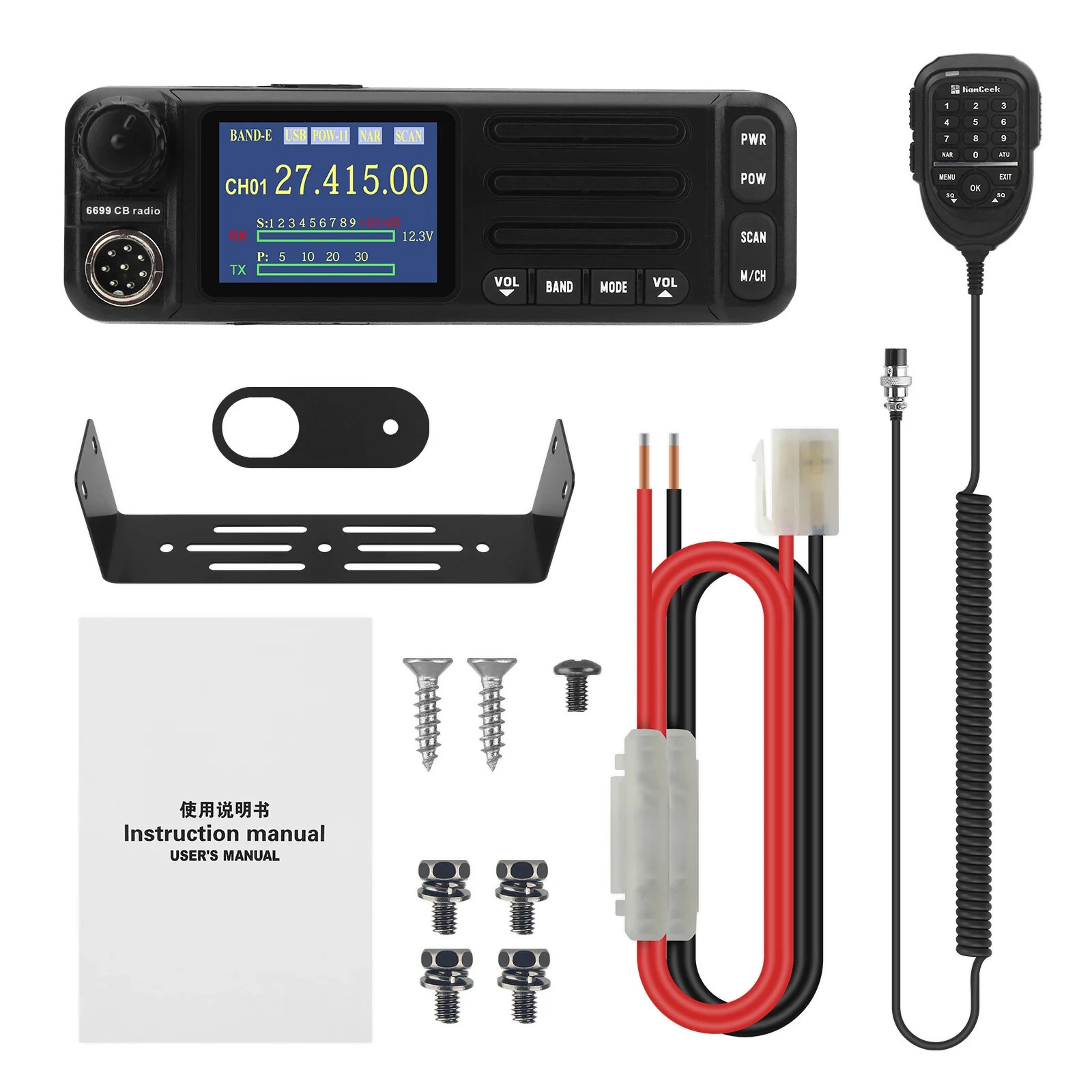 HamGeek 6699 CB Radio Mobile Transceiver 1-30MHz Frequency FM AM CW SSB Modes Adjustable Power Small Size Professional Communication Device
