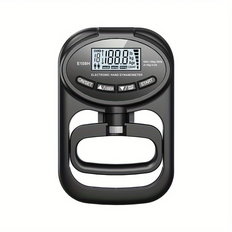 Hand Dynamometer Digital Grip Strength Tester 265 lb 120 kg Max Rechargeable Battery USB LED Display Windproof Rubberized Indoor Outdoor Use — Hand