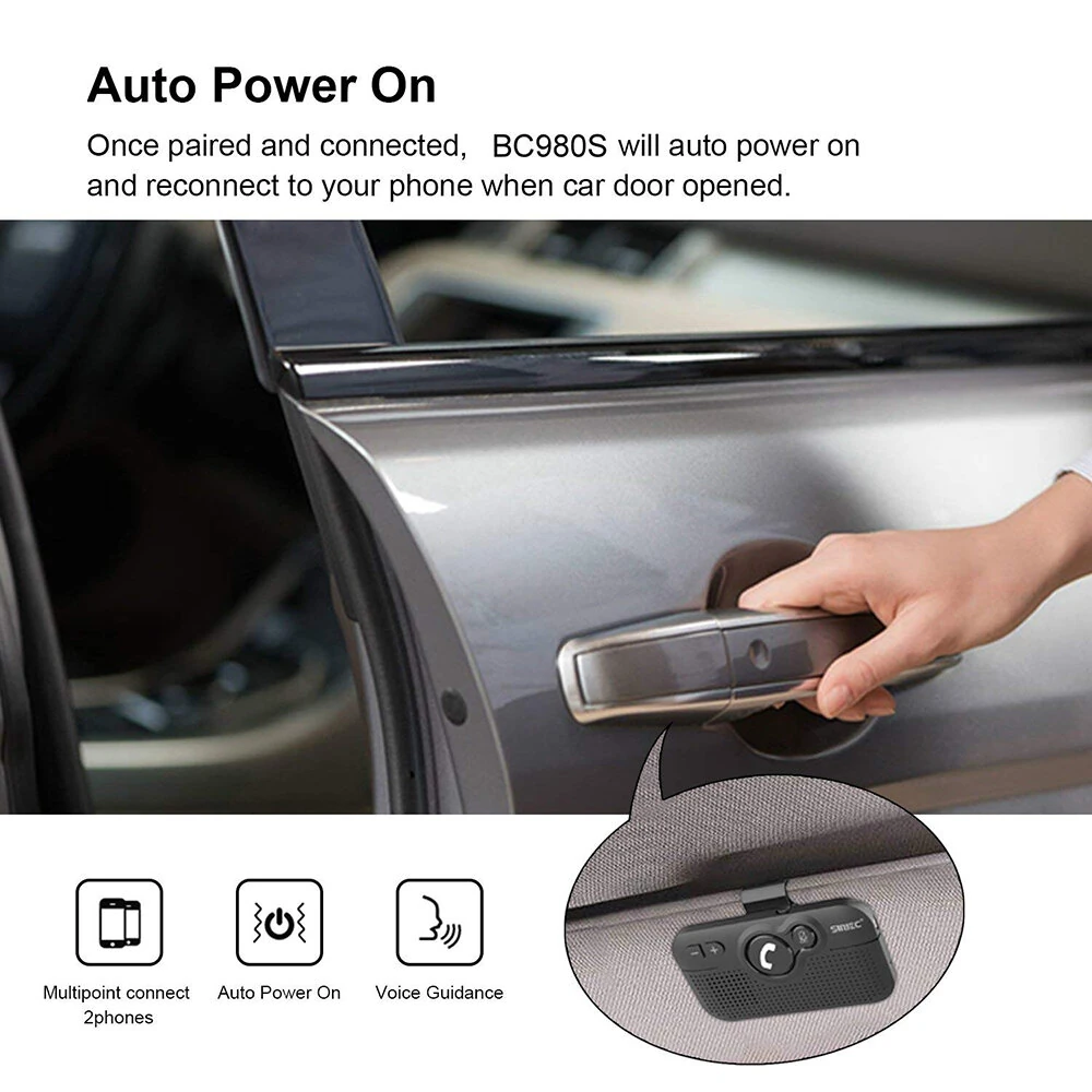 Handsfree Bluetooth Car Kit for Cell Phone, Wireless Bluetooth Speaker for Car, AUTO Power ON Support Siri Google Voice Assistant Hands Free Phone Speakerphone with Visor Clip — view 3