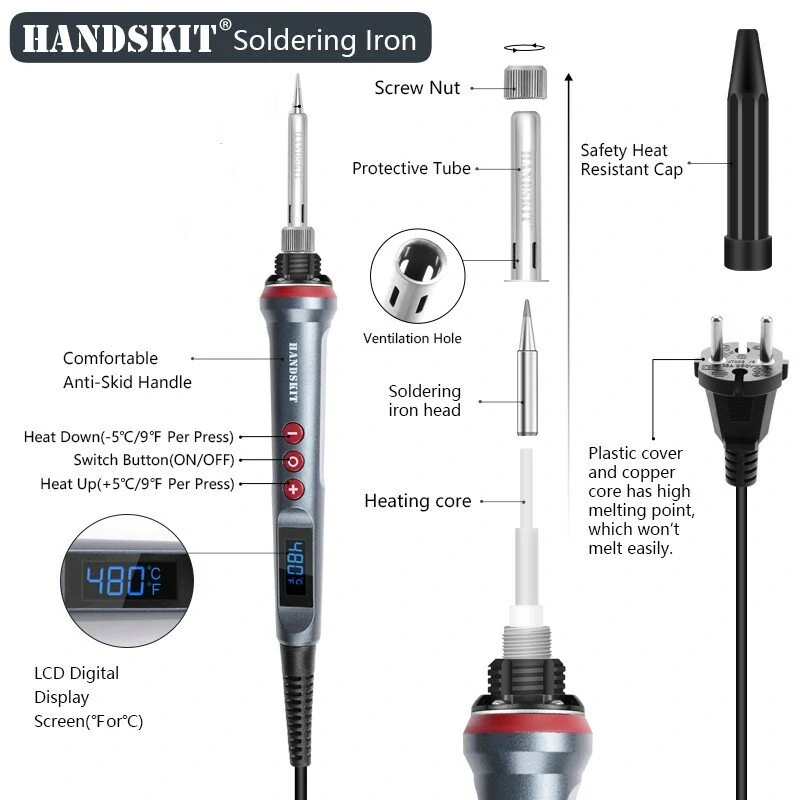 Handskit 90W LED Digital Soldering Iron Kit 110V/220V Adjust Temperature Electrical Soldering Iron 4 Wire Core Welding Tools — view 7