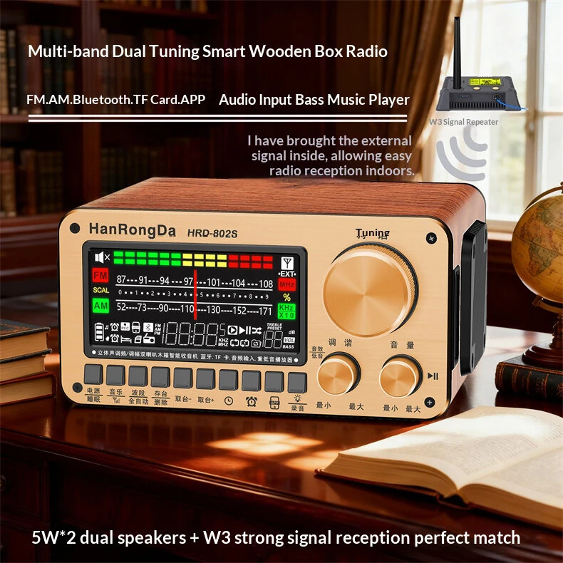 HanRongDa HRD-802S Multi-Band Radio bluetooth Speaker Dual Tuning Wooden Radio Support TF Card Playback Dual Drivers FM AM Stereo Receiver — view 2
