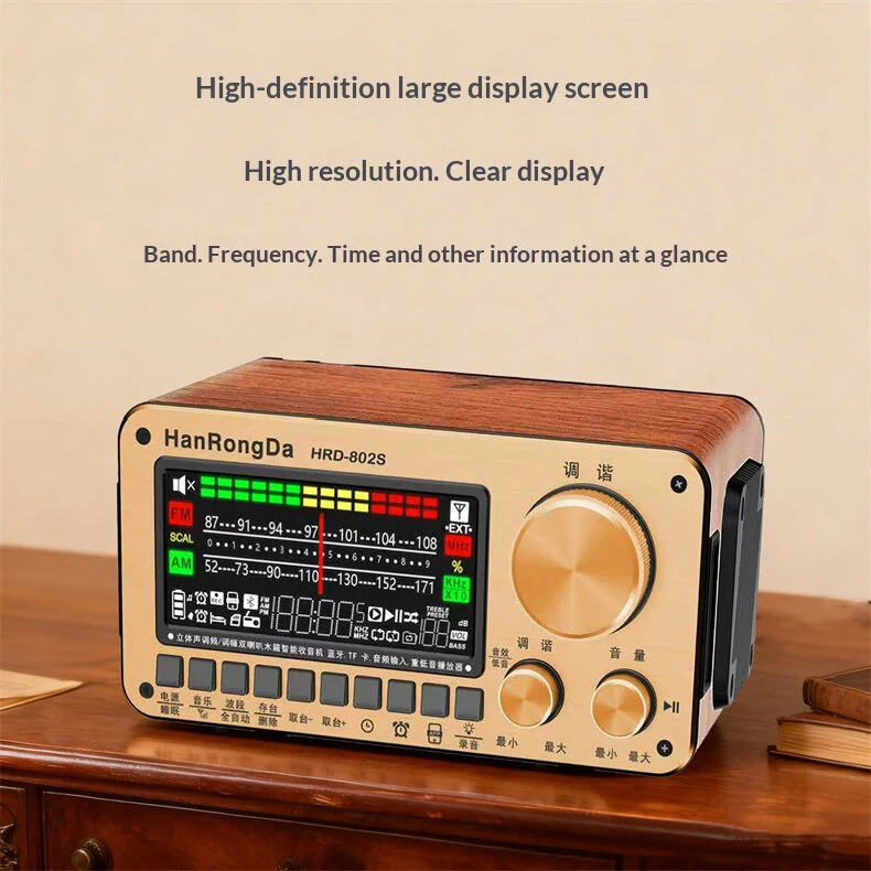 HanRongDa HRD-802S Multi-Band Radio bluetooth Speaker Dual Tuning Wooden Radio Support TF Card Playback Dual Drivers FM AM Stereo Receiver — view 3
