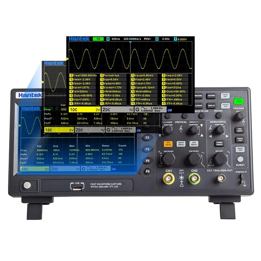 Hantek DSO2D10 Digital Oscilloscope 2CH+1CH Digital Storage 1GS/s Sampling Rate 100MHz Bandwidth Dual Channel Economical Oscilloscope with Signal Source(AWG) — HANTEK