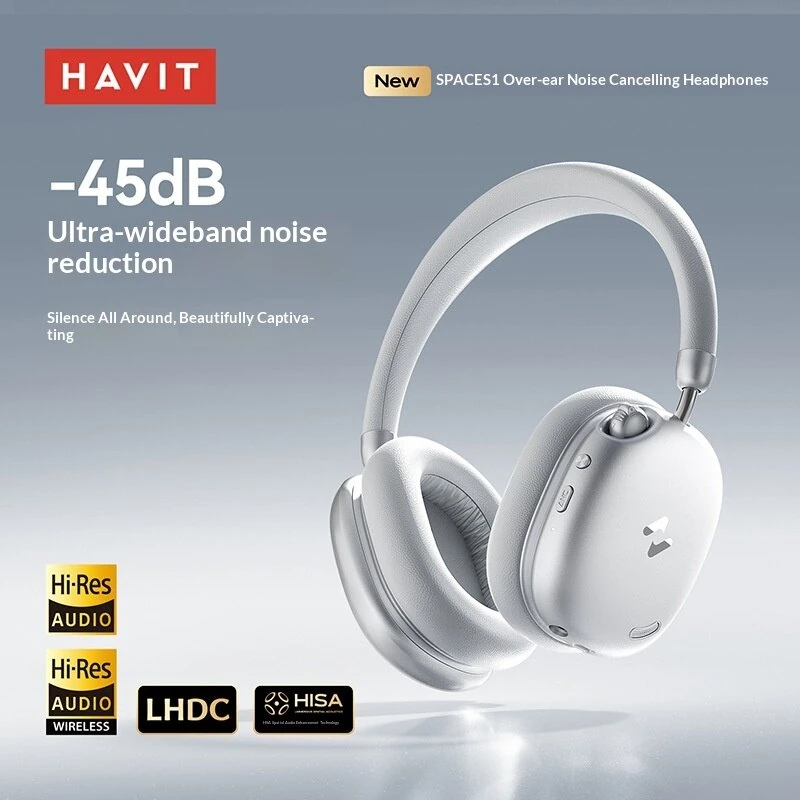 HAVIT H670BT ANC Headset Wireless bluetooth 6.0 Headphone -45dB Adaptive Active Noise Reduction 4-Mic AI Call Noise Cancelling 40mm Drivers Hi-Res LHDC Audio 100H Playback 60ms Low Delay Portable Headphones — view 3