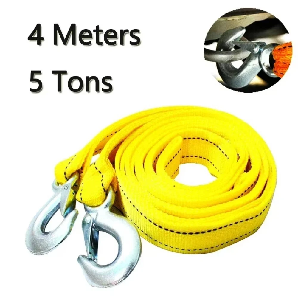 Heavy Duty 4M Car Tow Cable 5 Ton Trailer Rope Towing Pull Rope with Hooks Van Road Recovery Fluorescent Yellow — view 2