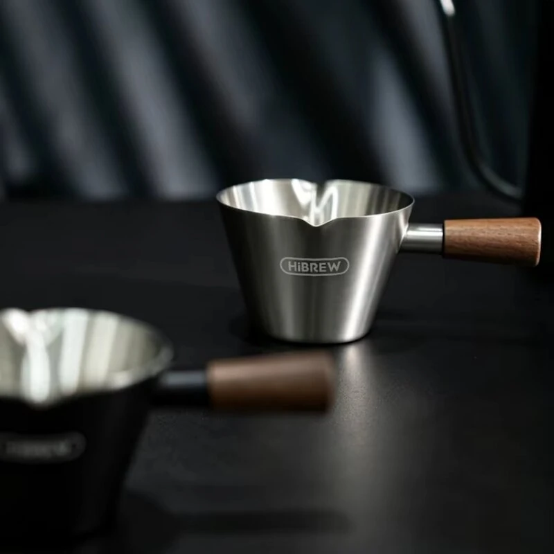 HiBREW 100ml Espresso Measuring Cup 304 Stainless Steel Coffee Dosing Cup with Walnut Wood Handle for Espresso Machine — view 4