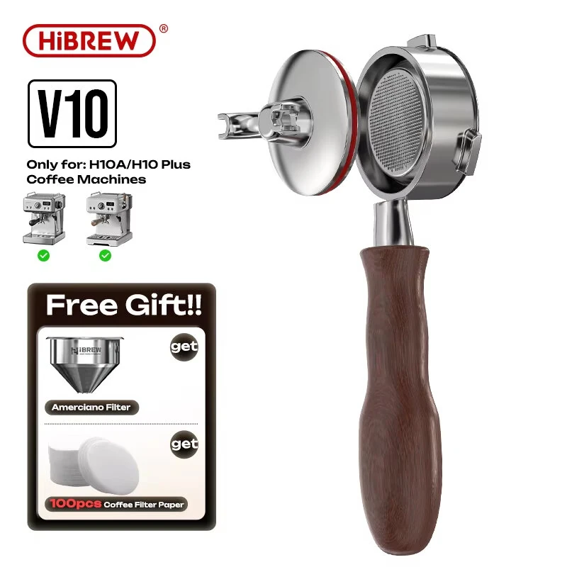 HiBREW V10 58MM Portafilter 2-In-1 Bottomless & Dual Spout Coffee Handle 304 Stainless Steel Wooden Handle For H10A/ H10 Plus Espresso Machine — view 2