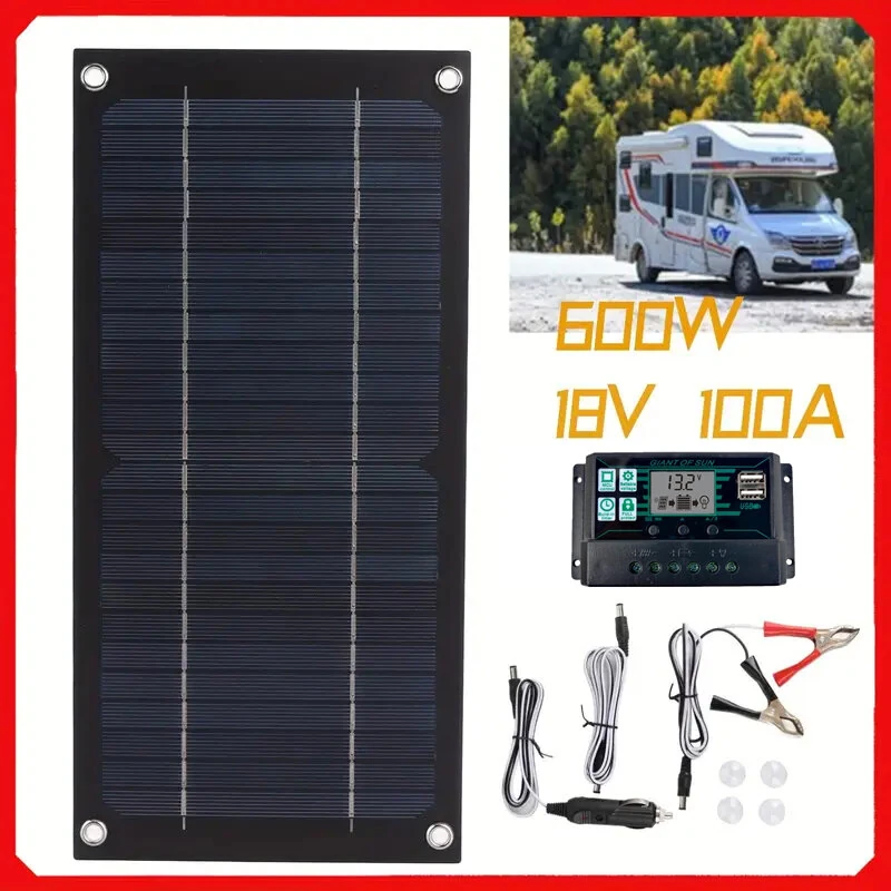 High Efficiency 600W Solar Panel Charger Monocrystalline Silicon Portable Kit 100A Charge Controller Extension Cable Battery Clip for RV Outdoor Camping Green Energy — view 2