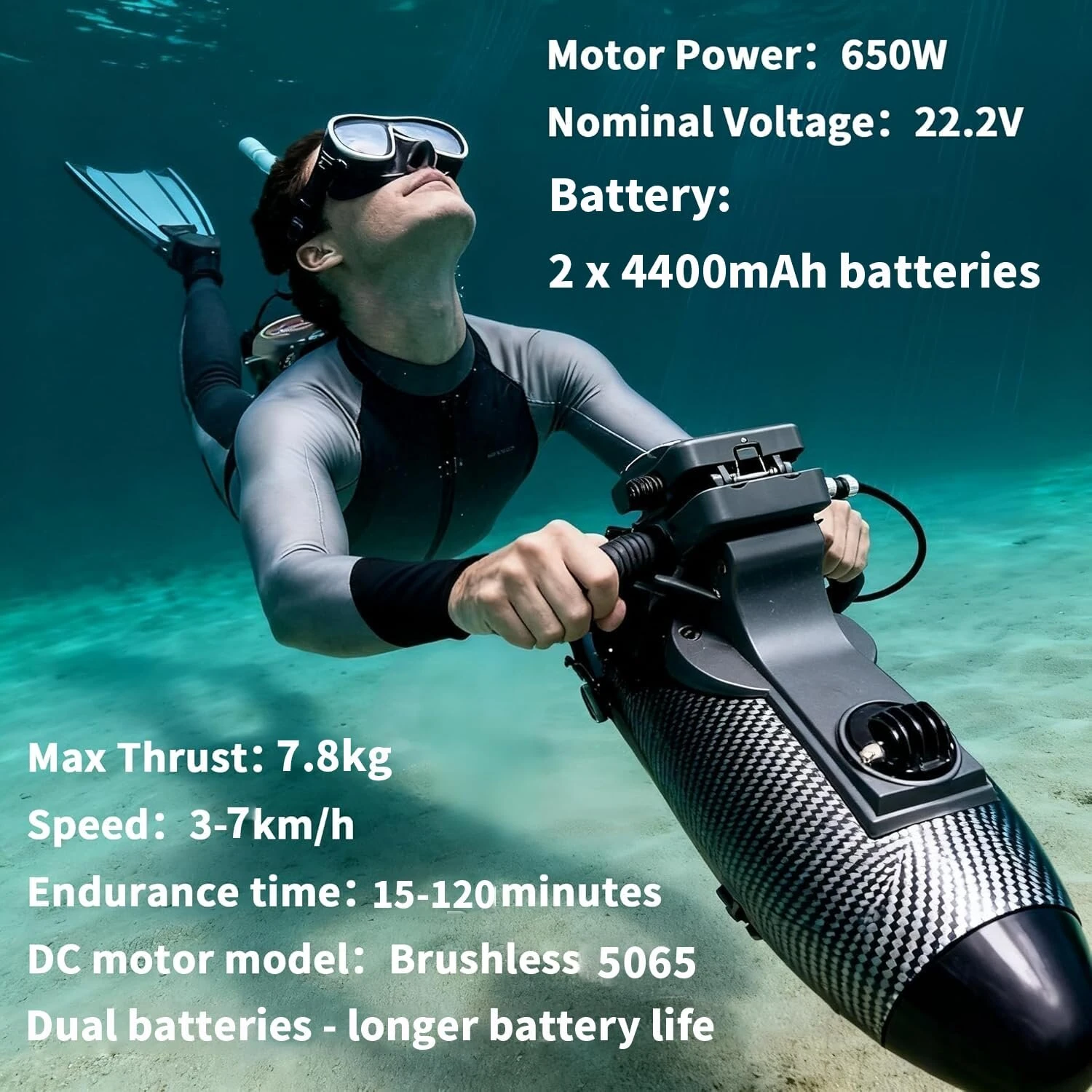 [HK Direct] CAMORO CM6-1 24V 650W/1300W Underwater Scooter Paddle Board Motor Support Single & Dual Unit with 2x4400mAh Batteries iSUP Mount Electric Thruster for Diving Snorkeling in Sea Lake Pool Kayak Boat Use — view 3