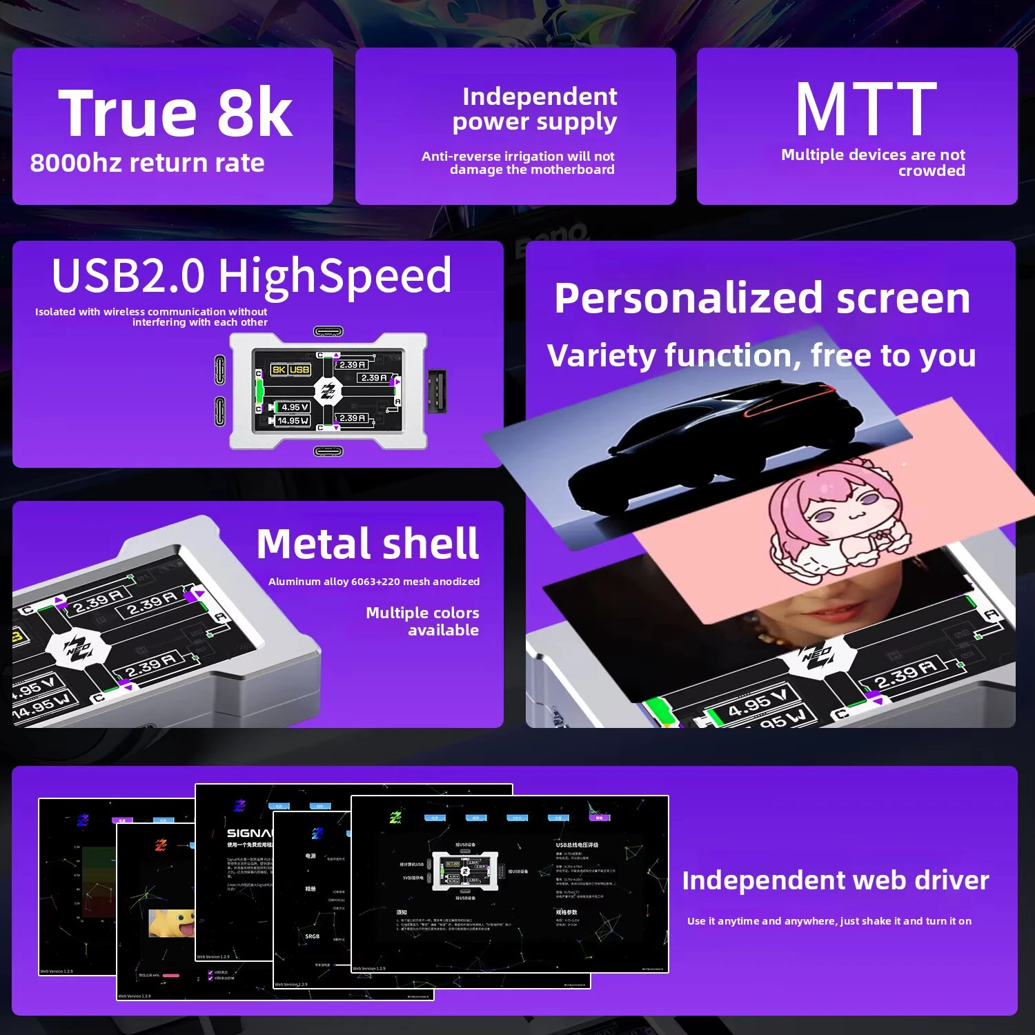 HMHUB 2.4G WIFI Gaming Hub USB 2.0 High-Speed 8K Return Rate Multi-Channels MTT Anti-Reverse Protection with Color Display for Home Office PC Computer — view 3