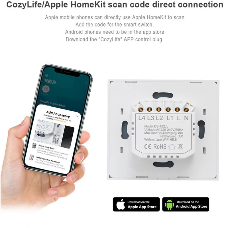 Homekit WiFi Smart Light Wall Key Switch for No Neutral Or With Neutral Line Remote Control Work with Apple HomeKit Siri Voice — view 6