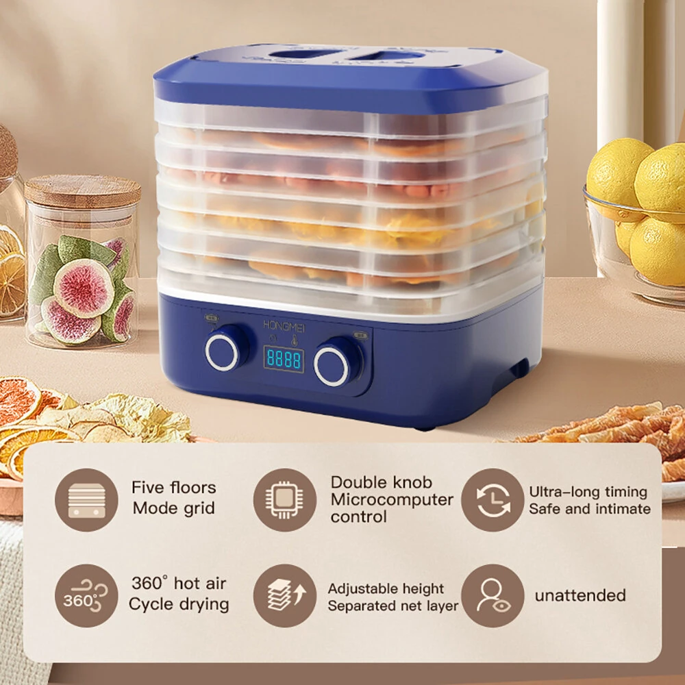 HONGMEI 5 Layer Food Dehydrator with Dual Knobs 35-75°C Temperature Control 360° Hot Air Circulation Low Noise for Healthy Snacks Beef Jerky Herb Fruit Drying — view 2