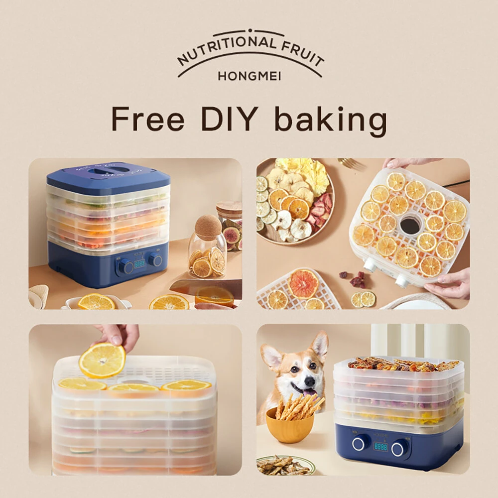 HONGMEI 5 Layer Food Dehydrator with Dual Knobs 35-75°C Temperature Control 360° Hot Air Circulation Low Noise for Healthy Snacks Beef Jerky Herb Fruit Drying — view 3