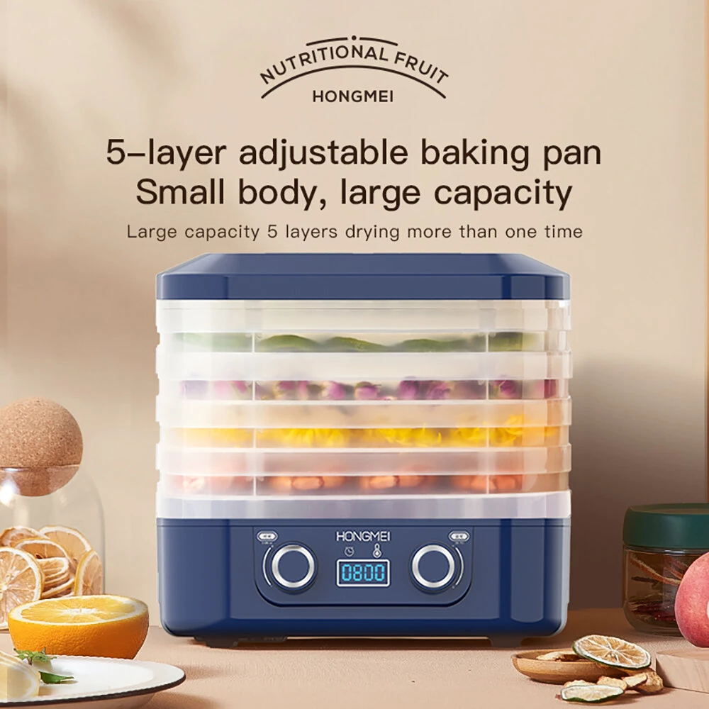 HONGMEI 5 Layer Food Dehydrator with Dual Knobs 35-75°C Temperature Control 360° Hot Air Circulation Low Noise for Healthy Snacks Beef Jerky Herb Fruit Drying — view 4