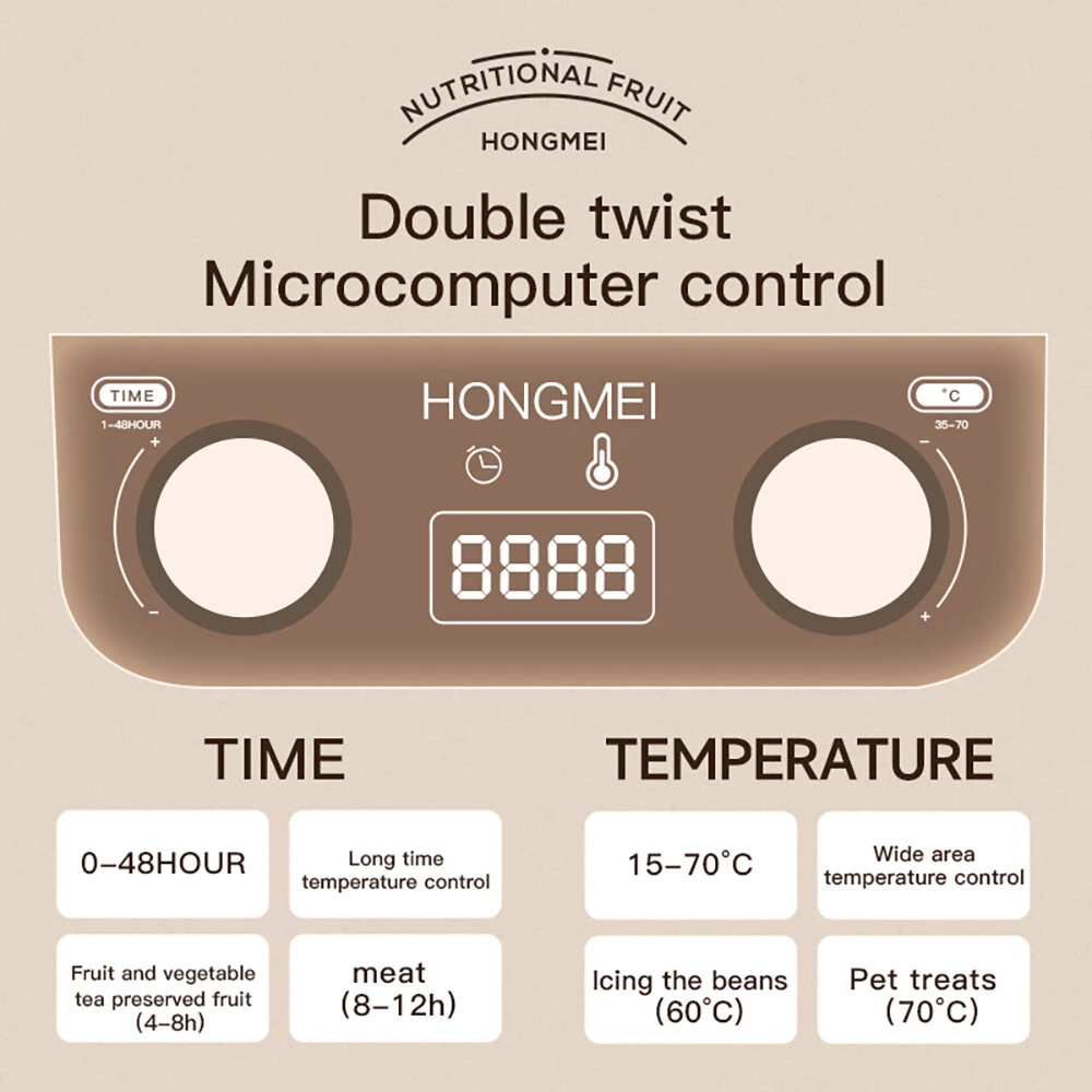 HONGMEI 5 Layer Food Dehydrator with Dual Knobs 35-75°C Temperature Control 360° Hot Air Circulation Low Noise for Healthy Snacks Beef Jerky Herb Fruit Drying — view 5