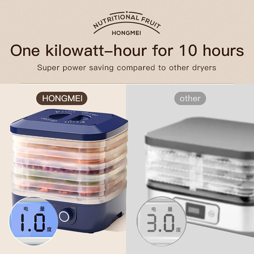 HONGMEI 5 Layer Food Dehydrator with Dual Knobs 35-75°C Temperature Control 360° Hot Air Circulation Low Noise for Healthy Snacks Beef Jerky Herb Fruit Drying — view 6