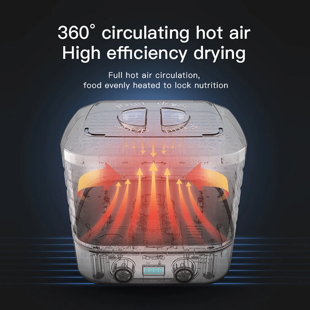 HONGMEI 5 Layer Food Dehydrator with Dual Knobs 35-75°C Temperature Control 360° Hot Air Circulation Low Noise for Healthy Snacks Beef Jerky Herb Fruit Drying — view 8