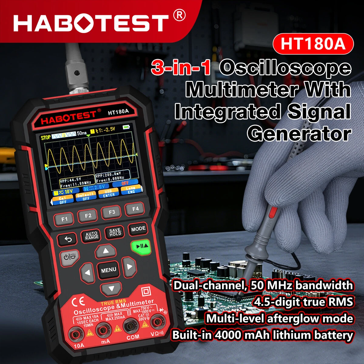 HT180A 3-In-1 Oscilloscope Multimeter Signal Generator Dual-Channel 3.2-Inch Color LCD 4000mAh Rechargeable Waveform Storage — view 2