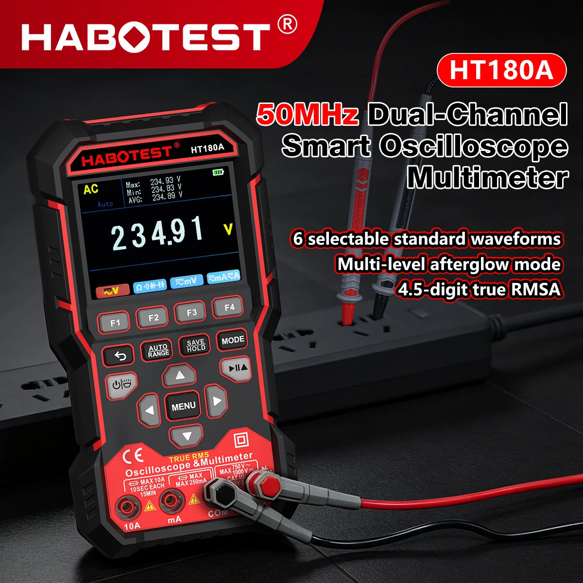HT180A 3-In-1 Oscilloscope Multimeter Signal Generator Dual-Channel 3.2-Inch Color LCD 4000mAh Rechargeable Waveform Storage — view 3