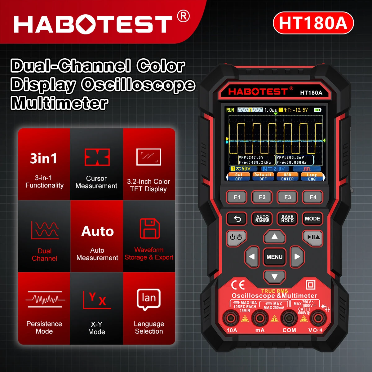HT180A 3-In-1 Oscilloscope Multimeter Signal Generator Dual-Channel 3.2-Inch Color LCD 4000mAh Rechargeable Waveform Storage — view 4