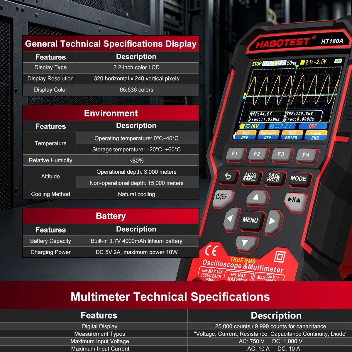 HT180A 3-In-1 Oscilloscope Multimeter Signal Generator Dual-Channel 3.2-Inch Color LCD 4000mAh Rechargeable Waveform Storage — view 5