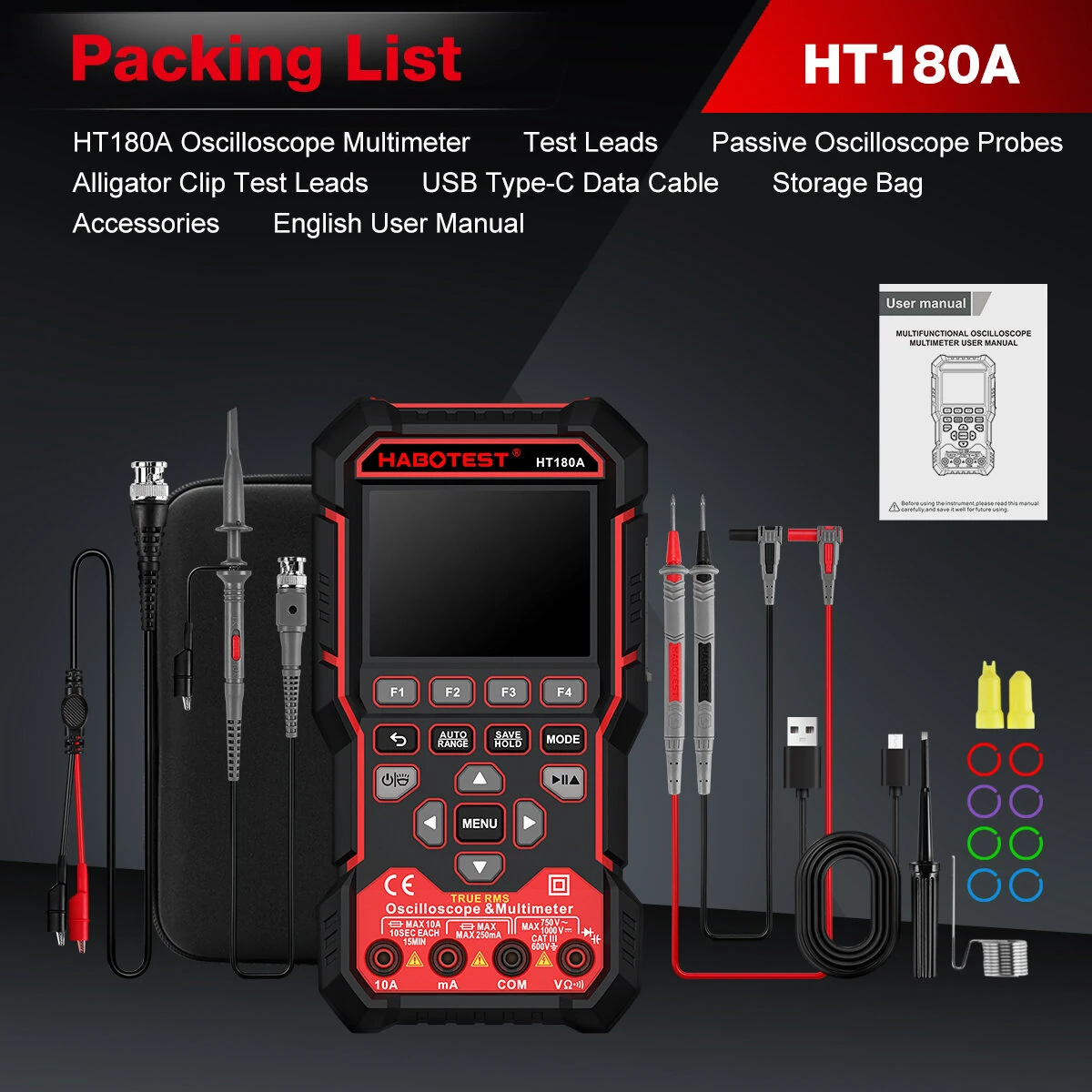 HT180A 3-In-1 Oscilloscope Multimeter Signal Generator Dual-Channel 3.2-Inch Color LCD 4000mAh Rechargeable Waveform Storage — view 7