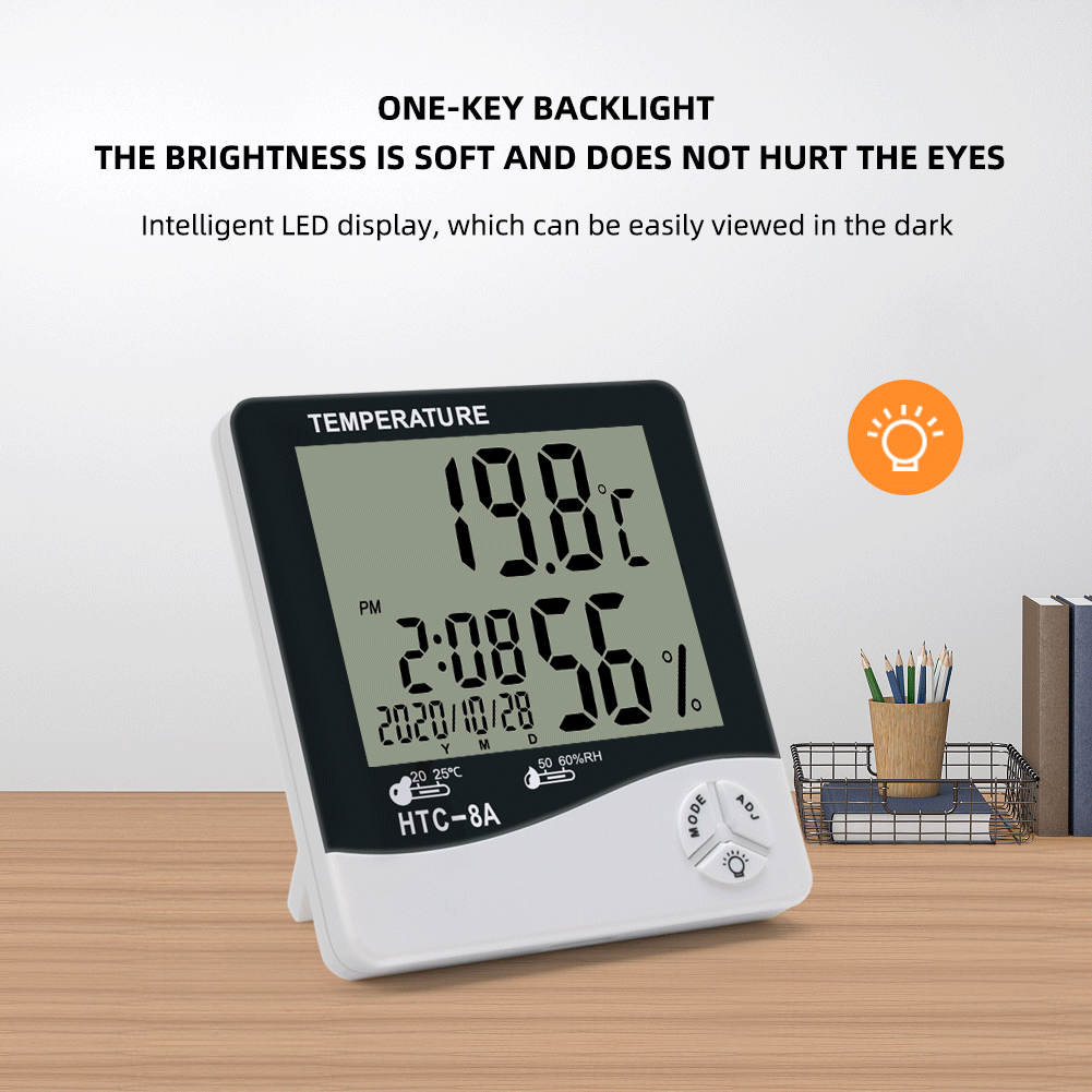 HTC8A Digital LCD Thermometer Hygrometer Large Display Indoor Temperature Humidity Monitor with Alarm Clock Calendar Backlight Max Min Memory Celsius Fahrenheit Home Office Room Desktop Wall Mount — view 2