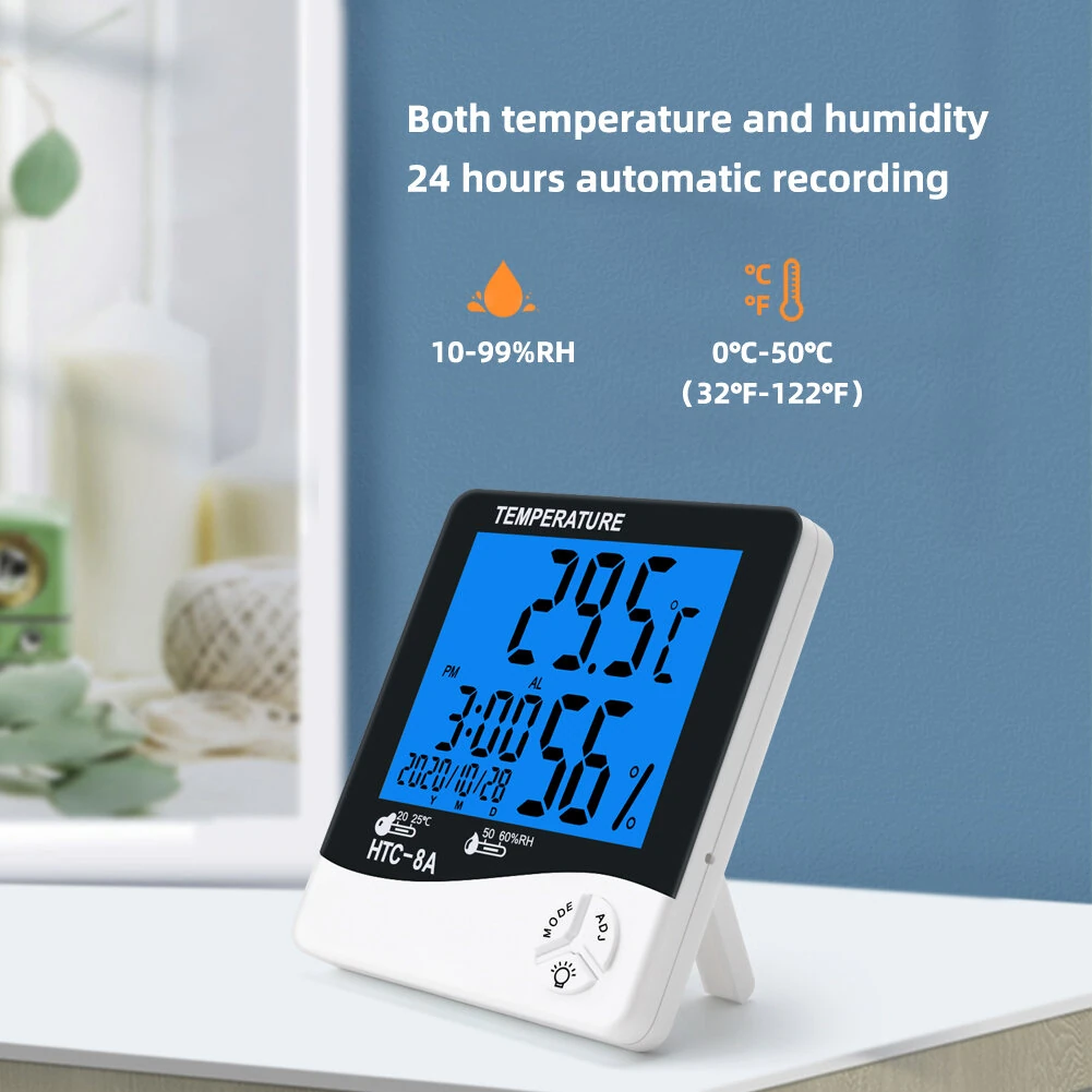 HTC8A Digital LCD Thermometer Hygrometer Large Display Indoor Temperature Humidity Monitor with Alarm Clock Calendar Backlight Max Min Memory Celsius Fahrenheit Home Office Room Desktop Wall Mount — view 3