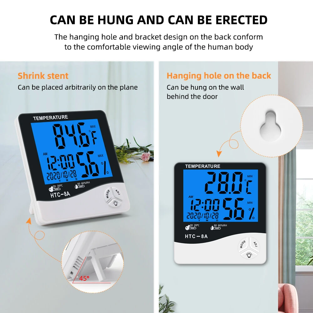HTC8A Digital LCD Thermometer Hygrometer Large Display Indoor Temperature Humidity Monitor with Alarm Clock Calendar Backlight Max Min Memory Celsius Fahrenheit Home Office Room Desktop Wall Mount — view 4