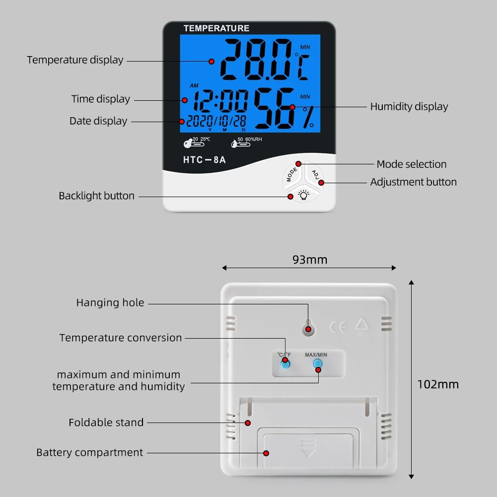 HTC8A Digital LCD Thermometer Hygrometer Large Display Indoor Temperature Humidity Monitor with Alarm Clock Calendar Backlight Max Min Memory Celsius Fahrenheit Home Office Room Desktop Wall Mount — view 6